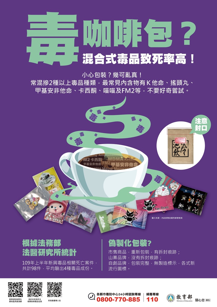 ウィッグ咖啡毒 毒咖啡包(混合性毒品)致死率極高，提醒同學懂得辨別毒品包裝，勇於向